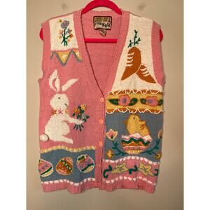 1980s Crystal Kobe Easter Bunny Eggs Pastel Patchwork Kawaii Kei Sweater Vest L